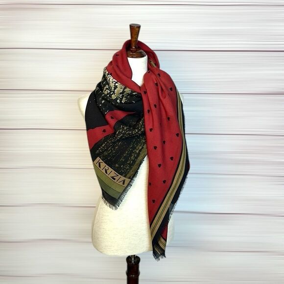 KRIZIA Italy Large Scarf Shawl Wool Silk Blend Red with Panda Print 52x52” - Picture 3 of 11
